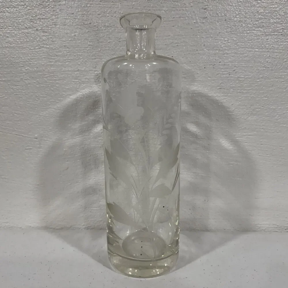 Vintage Etched Clear Glass Bottle Decanter Wheat FloralPattern Antique Barware